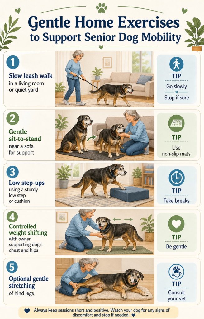 Infographic showing gentle home exercises to support senior dog mobility