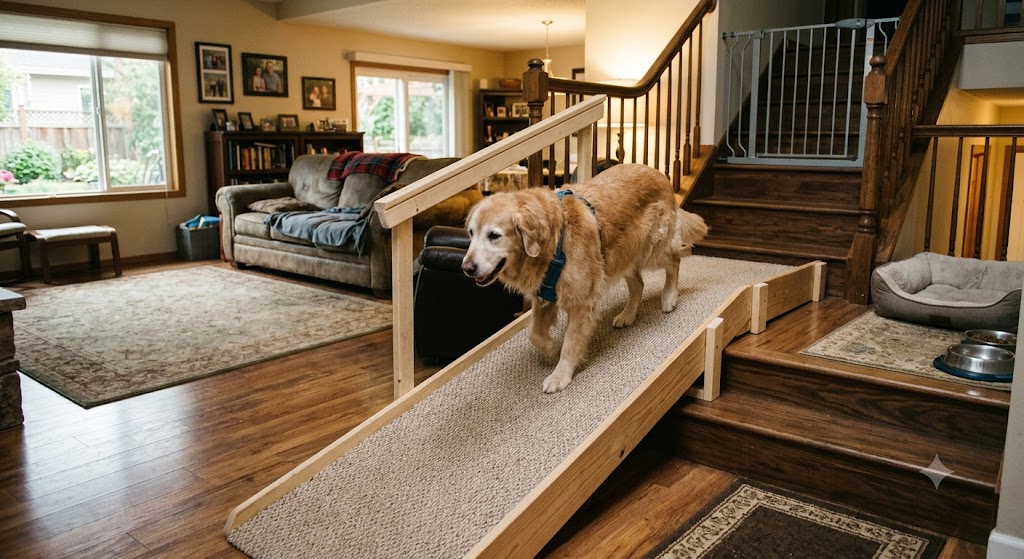 dog walk on a multilevel platform steep