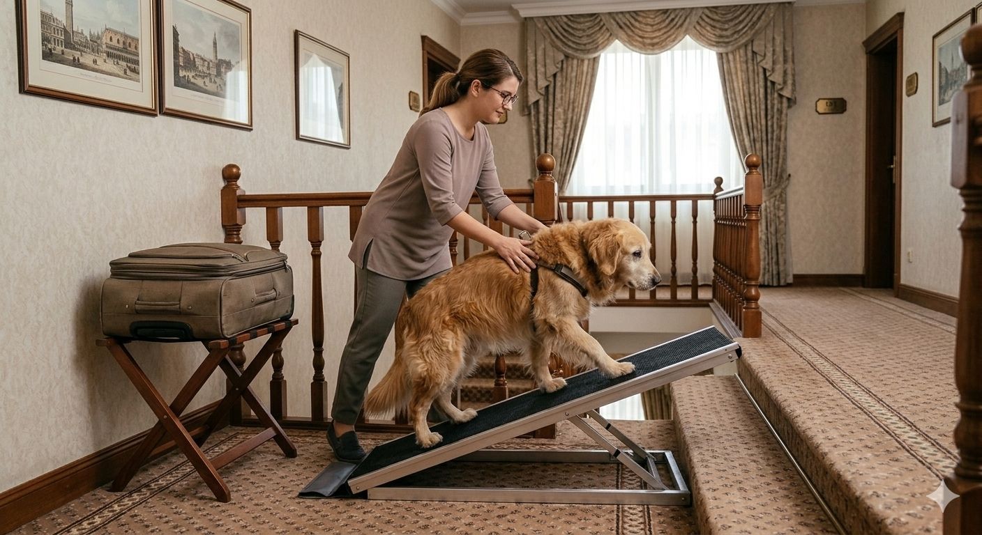 Woman and Senior Dogs use Temporary Travel Ramp or Folding Steps