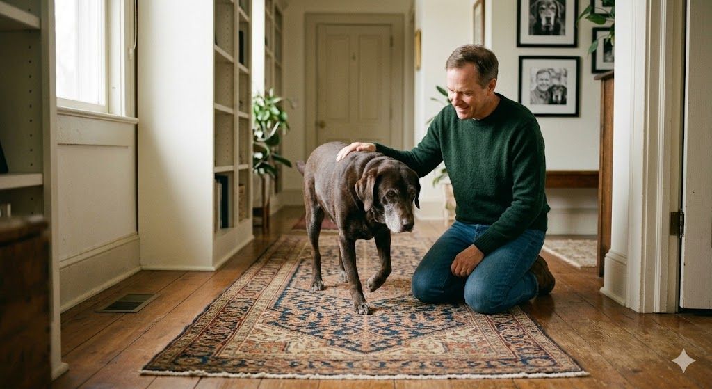 dog on a rug with man