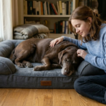 a dog on a Orthopedic Memory Foam Bed with a woman pathing it
