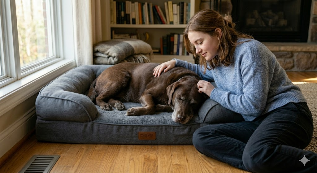 a dog on a Orthopedic Memory Foam Bed with a woman pathing it