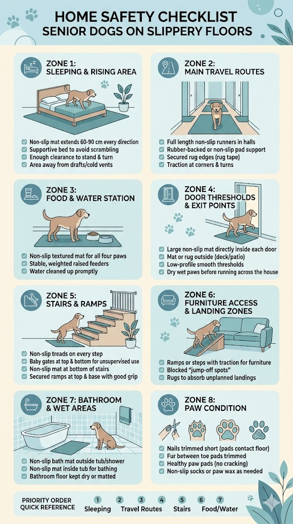 infographic ON Home Safety Checklist for Senior Dogs on Slippery Floors.