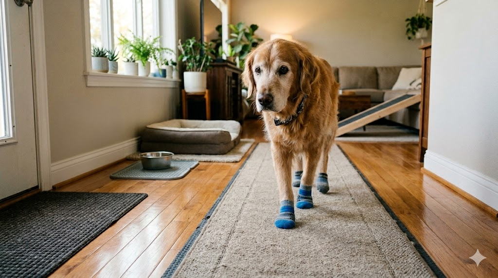 Senior Dog walk on Slippery Floor.